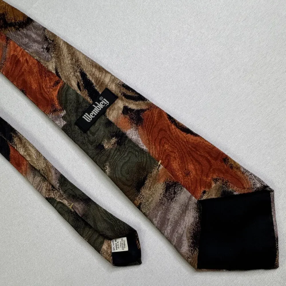 Wembley Men’s 100% Rayon Abstract Print Tie Rust Olive Brown Vintage